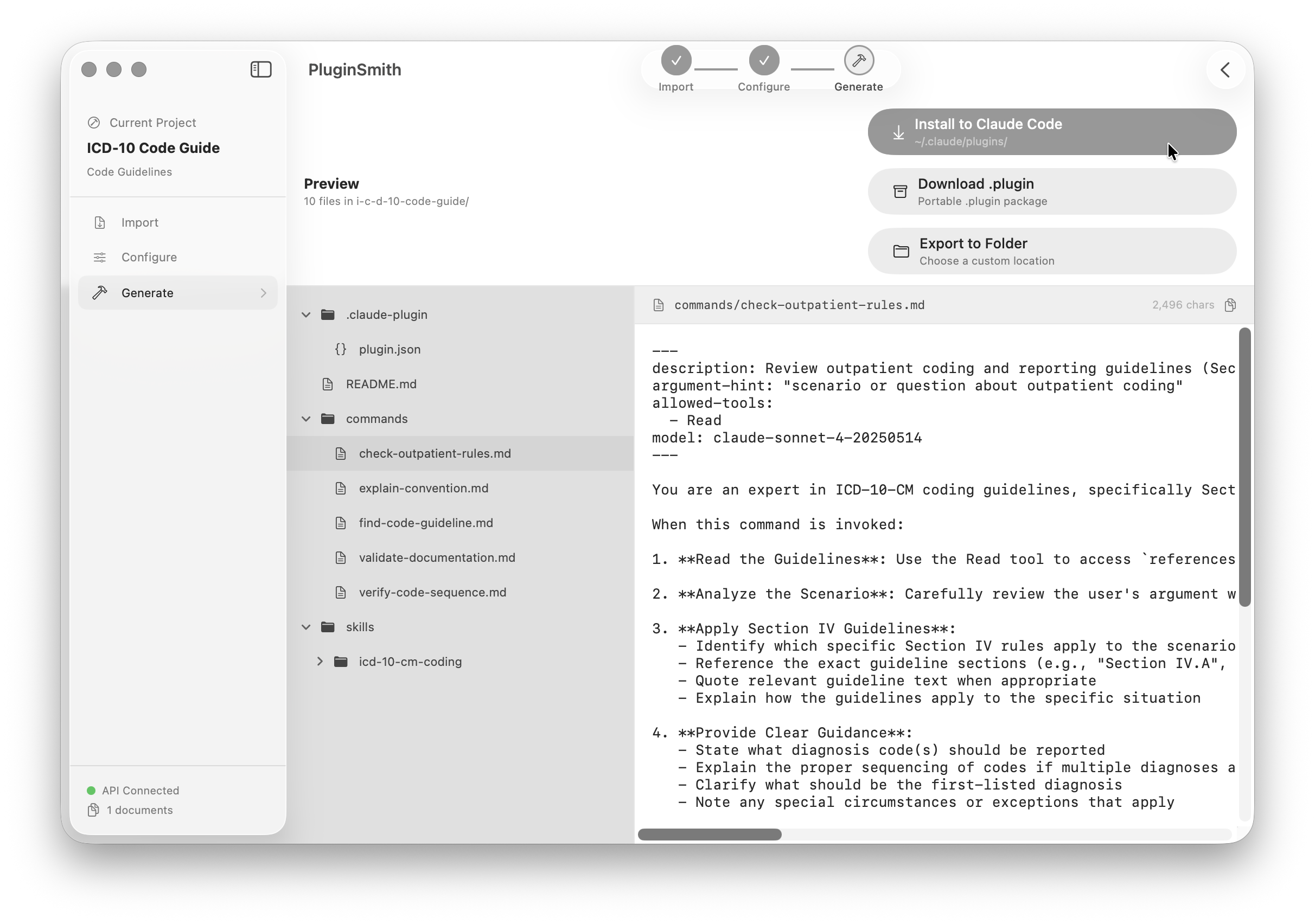 PluginSmith — Configure phase showing commands, skills, and AI suggestions